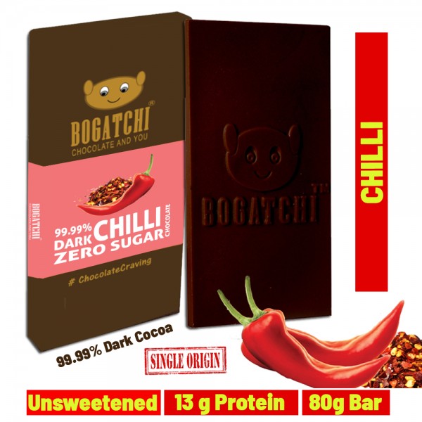 Vegan Dark  Chocolate | 99.99% Dark | CHILLI | Gluten FREE, 80 gm